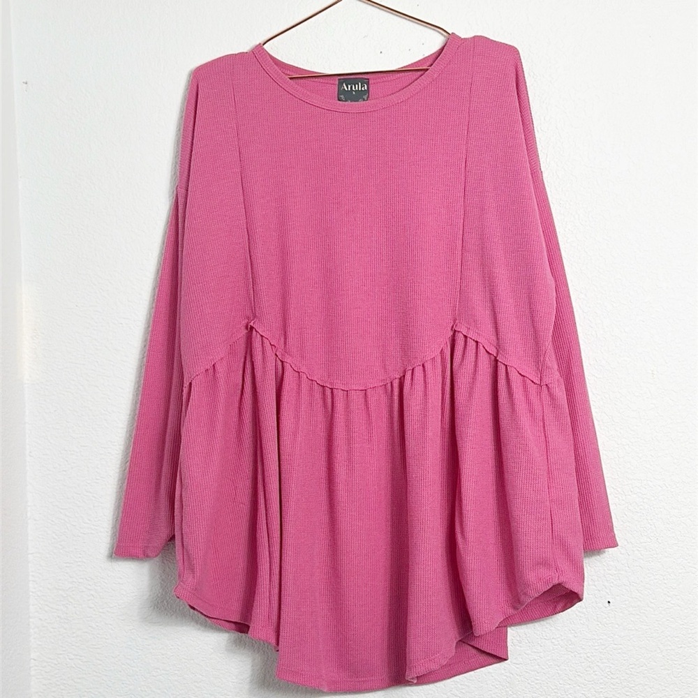 Arula bubble gum pink waffle knit drop waist tunic EUC 1X (252bt)